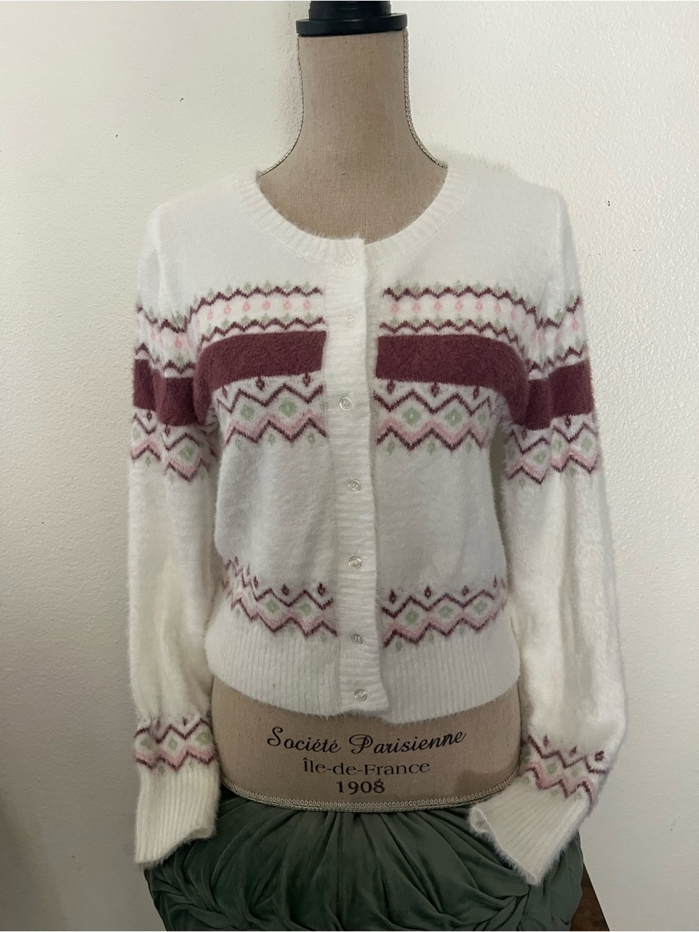 SO White Cardigan with Mauve and Light Green Fair Isle Stripes